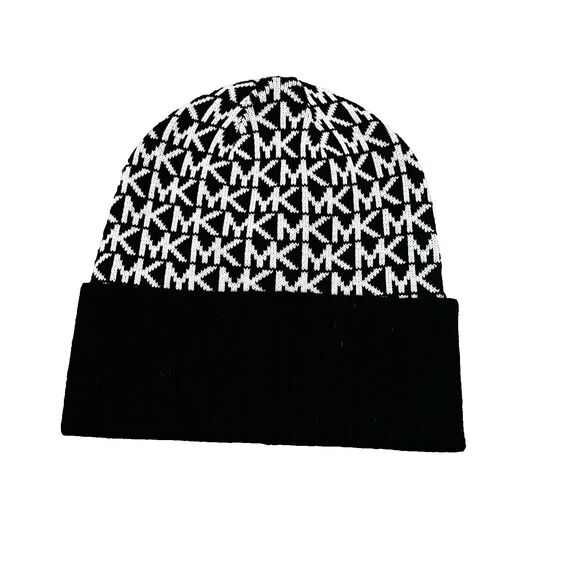 Michael Kors Designer Beanie Hats Boarded Cuffed Black/White Monogram Logo - Picture 1 of 2